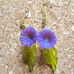 Purple flower glass drop earrings